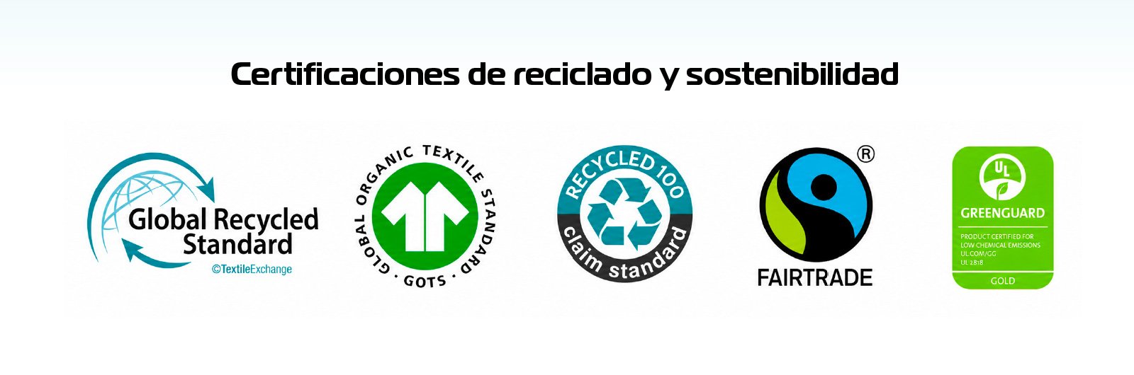 Certificaciones de reciclado y sostenibilidad: Global Recycled Standard, GOTS, Recycled Claim Standard, Fairtrade y GREENGUARD Gold.